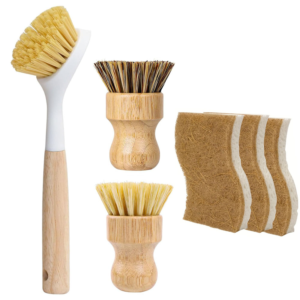 Dish Brush Bamboo - 6個入り竹製食器洗いブラシ＆スポンジセット、天然サイザル麻とパームファイバーヘッド付き木製ハンドルキッチンブラシ