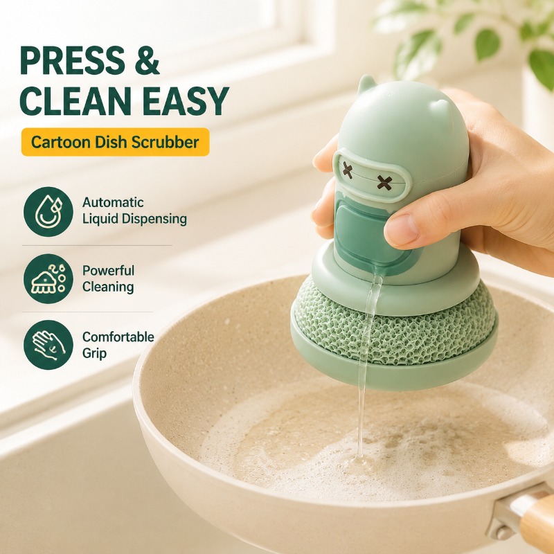 Dish Brush Bamboo - キッチン用漫画柄プレス式ボトルブラシ、自動液体吐出機能付き、鍋やフライパン用食器洗いスクラバー