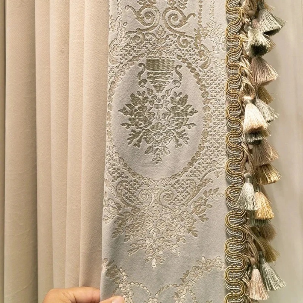 Sustainable Living Officer - 持続可能なフレンチミルクティーベルベットスプライシング刺繍カーテンリビングルームベッドルーム省エネプライバシードレープカスタム