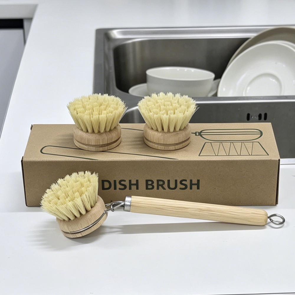 Dish Brush Bamboo - 木製ハンドルの食器洗いブラシセット、交換用サイザルヘッド3個付き、鍋、フライパン、食器用のキッチン掃除ブラシ