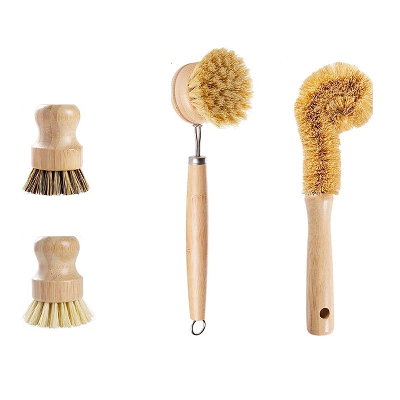 Dish Brush Bamboo - ABNL 人間工学に基づいた木製ハンドル付き 4 ピース竹とココナッツ繊維の食器用ブラシセットで快適な掃除が可能