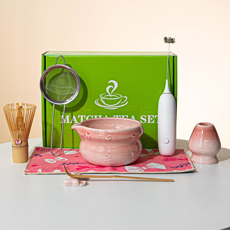 Dish Brush Bamboo - 日本の抹茶セット8点、陶器の茶碗、竹製の抹茶泡立て器、スプーン、電動ブラシ、茶道用抹茶スターターキット
