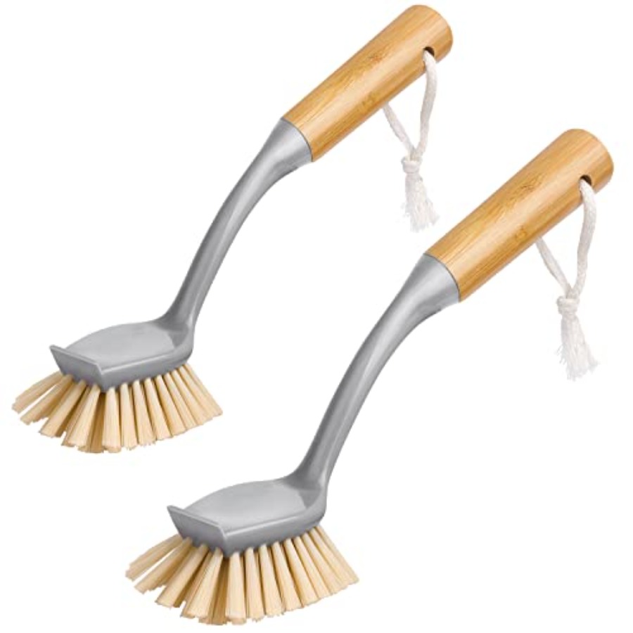 Dish Brush Bamboo - 竹製ハンドル付き食器用ブラシ、スクレーパー内蔵、2個パック、食器、鍋、フライパン、キッチンシンクの洗浄用、食器洗い用ブラシ