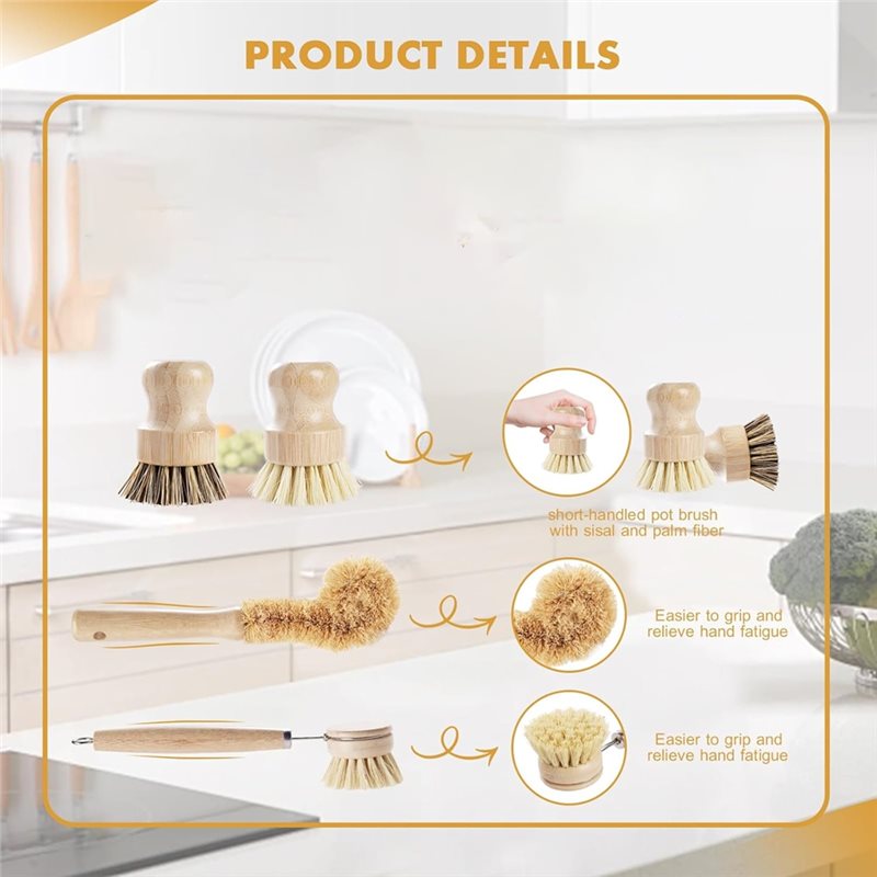 ABNL 人間工学に基づいた木製ハンドル付き 4 ピース竹と - Dish Brush Bamboo のレビューと価格