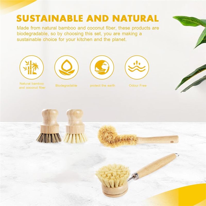 ABNL 人間工学に基づいた木製ハンドル付き 4 ピース竹と - Dish Brush Bamboo のレビューと価格