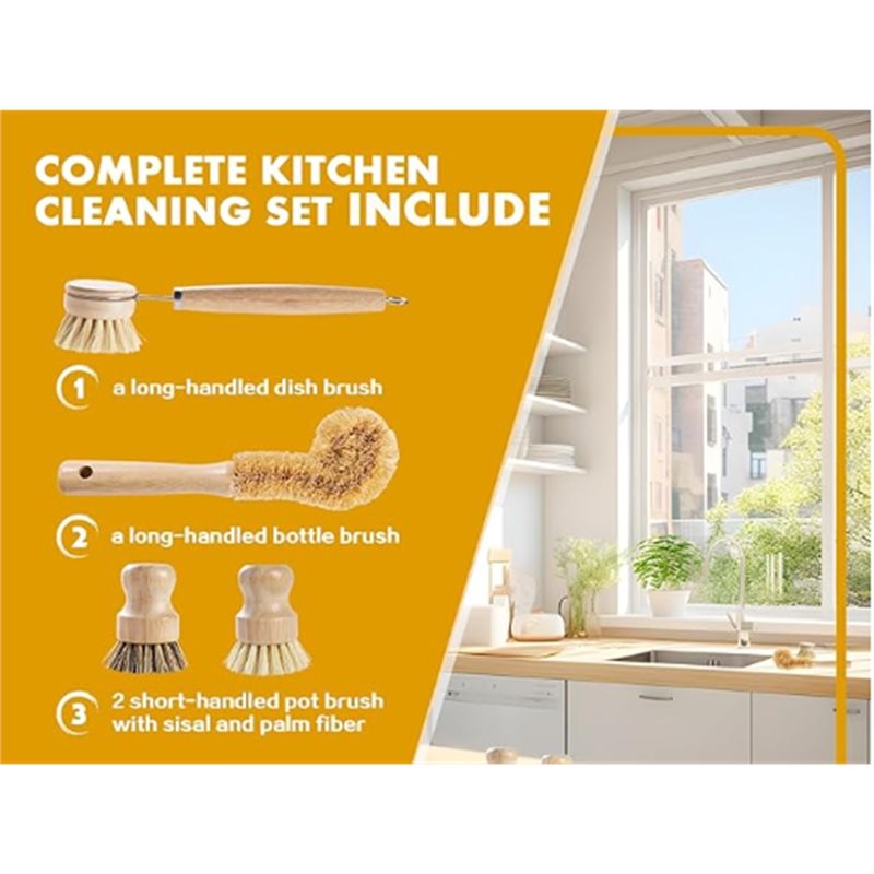 ABNL 人間工学に基づいた木製ハンドル付き 4 ピース竹と - Dish Brush Bamboo のレビューと価格