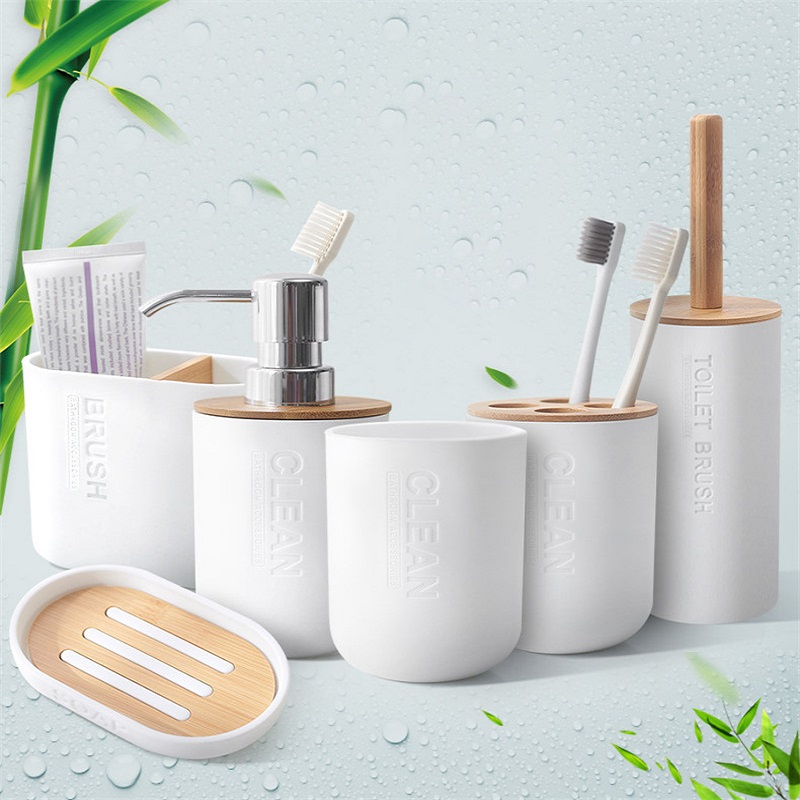 石鹸ディスペンサーボトル皿、洗面所のゴミ箱、歯ブラシホルダー - Dish Brush Bamboo のレビューと価格